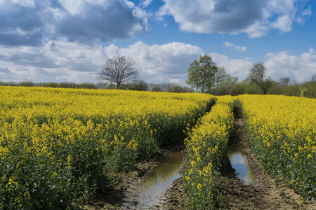 rapeseed field in full bloom on a stormy day