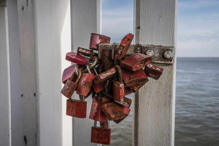Love padlocks on a railing on the seaside.の写真素材