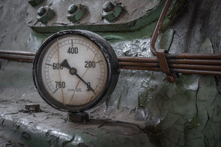 pipelines and measuring device on a historic machineの写真素材