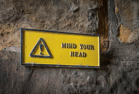 hazard warning sign on a historic wallの写真素材