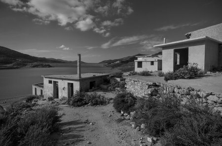 Ruins of Sfendylion village in a reservoirの写真素材