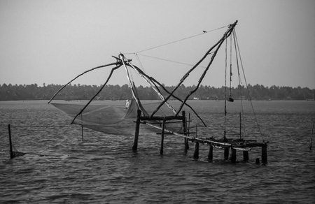 Historic fishing trap in Kerala, picture taken in 1990.の写真素材