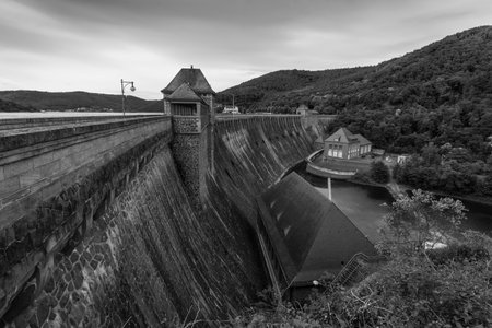 Illuminated water barrage od the Edertal near Kassel.の写真素材
