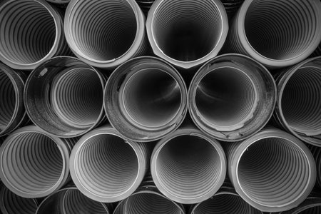 Stack of drain water hoses on a construction site
