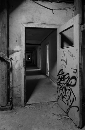 aisle in a ruined old buildingの写真素材