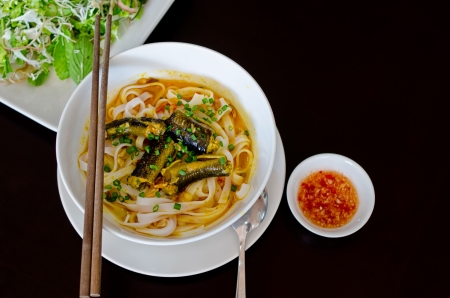 Vietnamese Eel Noodle  Mi Quang  isolated on black background