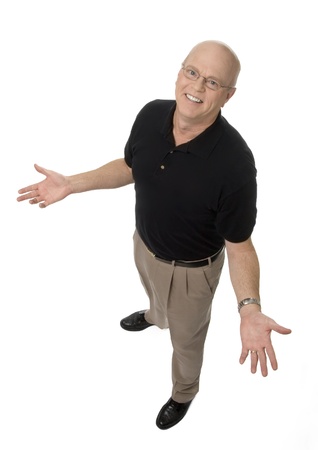 Full length, diminishing perspective view of mature man on white background.の写真素材