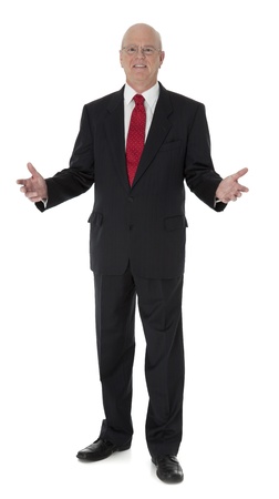 Full length photo of mature businessman in black suit, standing on white backgroundの写真素材