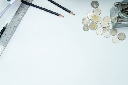 a top view of free space and equipment for money saving plan with calculatorの写真素材