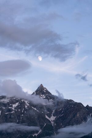 Beautiful mountain peak and snow on top in north Indiaの写真素材