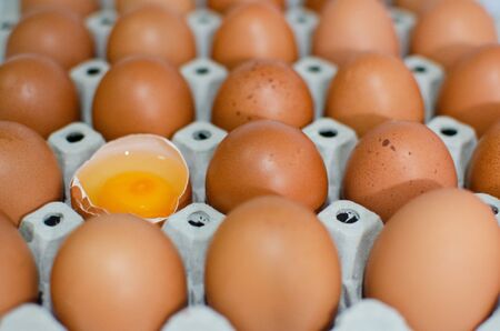 A lot of eggs put on tray on white background and one of these was brokeの写真素材