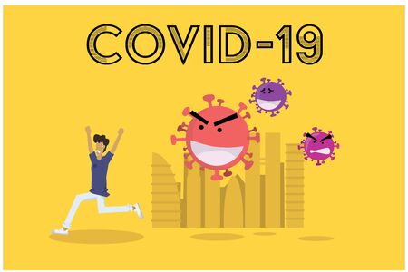COVID-19 chasing a man that he hurry running with fear , flat vector design, character gartoonのイラスト素材