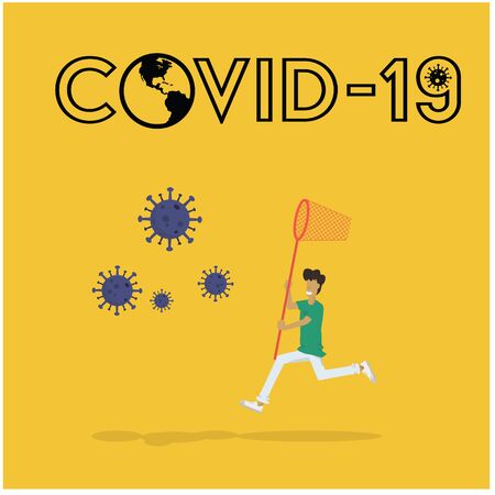 a man using the net chasing coronavirus on the air in cartoon vector concept designのイラスト素材
