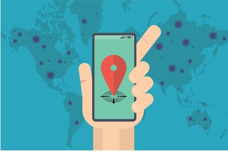a hand using cellphone with location symbol and symbol on the world map in backgroundのイラスト素材