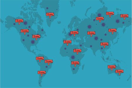the world map showing virus icon spreading and closed small bill broad in whole areaのイラスト素材