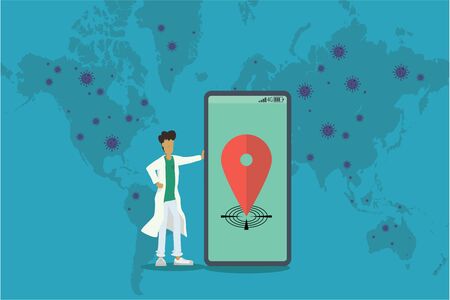 a man doctor cartoon standing beside cellphone that show location and coronavirus spreading area in world map in background, vector design conceptのイラスト素材