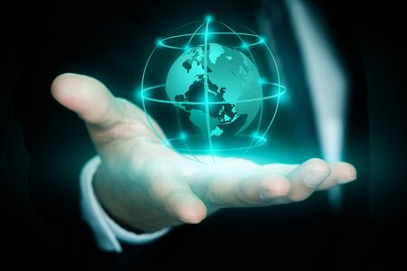 a businessman showing digital small world, digital global connection conceptの写真素材