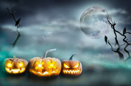 3d illustration halloween event concept, scary pumpkin evil in dark halloween nightの写真素材