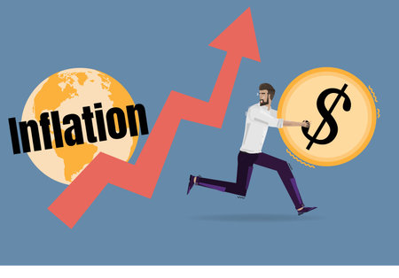 business man keep money run away from world inflationのイラスト素材