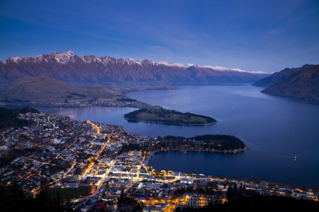 Aerial view of Queenstown downtown at dusk, South Island, New Zealandの写真素材