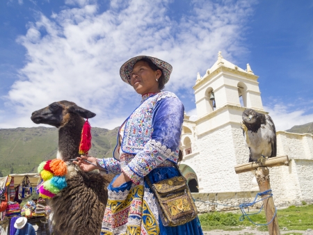 AREQUIPA, PERU - MAR 12  Unidentified Quechua indian woman with her Alpaca and Hawk in front of the Church on Mar 12, 2011 in Colca canyon, Arequipa, Peru  Colca canyon is home to the Andean Condor のeditorial素材