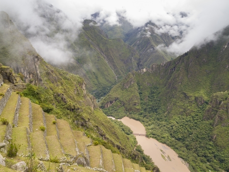 The Terraced Fields in the upper Agricultural Sector of the Machu Picchu over the Urubamba river valley, Cusco Region, Peru の写真素材