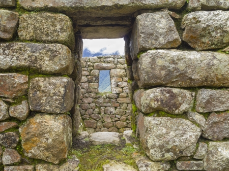 Doorway and window of the Inca sun temple at the lost city of Machu Picchu, Machupicchu District, Urubamba Province, Cusco Region, Peru の写真素材