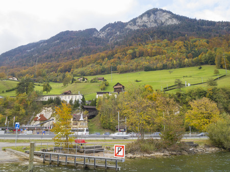 ALPNACHSTAD, SWITZERLAND - OCTOBER 26, 2011  The Pilatus-Bahn Alpnachstad station, This is a mountain railway in Switzerland and is the steepest rack railway in the world, with maximum gradient of 48 のeditorial素材