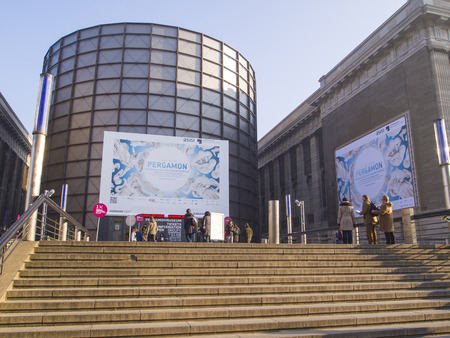 BERLIN, GERMANY- NOV 13: Facade of the Pergammonmuseum on November 13, 2011 in Berlin, Germany. The Pergammon Museum holds an world-famous exhibition of Greek, Roman, Babilonian and Oriental art.のeditorial素材