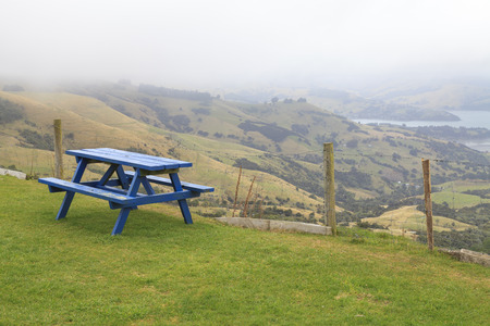 Lonely Blue Picnic table in lush green park on scenic viewpoint of Akaroa, New Zealand.の写真素材
