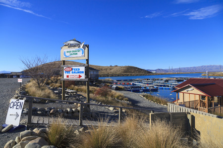 TWIZEL, NEW ZEALAND -MAY 23: Facade of High Country Salmon Farm on May 23, 2012 in Twizel, New Zealand. This farm floating on the glacial waters of Wairepo Arm on State Highway 8 near Twizel.のeditorial素材