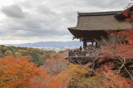 KYOTO, JAPAN -NOV 30, 2012: The large veranda (Kiyomizu stage) on cliff at Kiyomizu-dera temple in autumn, Kyoto, Japan. It was reconstructed in 1633 without using a nail. (UNESCO world heritage site)のeditorial素材