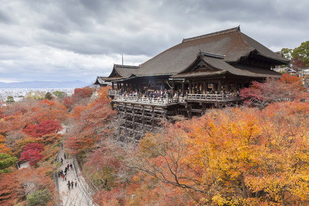 KYOTO, JAPAN -NOV 30, 2012: The large veranda (Kiyomizu stage) on cliff at Kiyomizu-dera temple in autumn, Kyoto, Japan. It was reconstructed in 1633 without using a nail. (UNESCO world heritage site)のeditorial素材