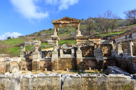Ruins of the Fountain of Trajan (Nymphaeum Traiani) in honour of Artemis of Ephesos and Emperor Trajan in Ephesus, the ancient Greek city in Turkeyの写真素材