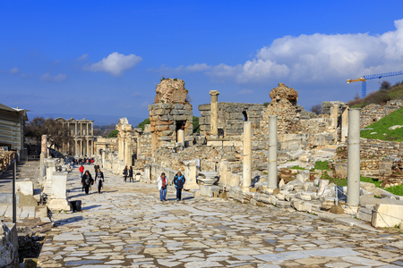 EPHESUS, TURKEY -JAN 28, 2013: Tourists at Curetes street of Ephesus in Ephesus, Turkey. Ephesus was famed for the Temple of Artemis one of the Seven Wonders of the Ancient World.のeditorial素材