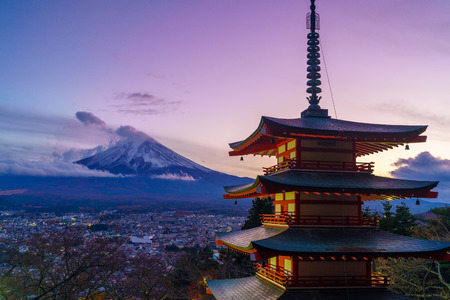 Twilight dusk sunset sky at Mount Fuji or Mt. Fujisan or Fujiyama mountain with Chureito red pagoda as foreground, Yamanashi prefecture, Japan.のeditorial素材