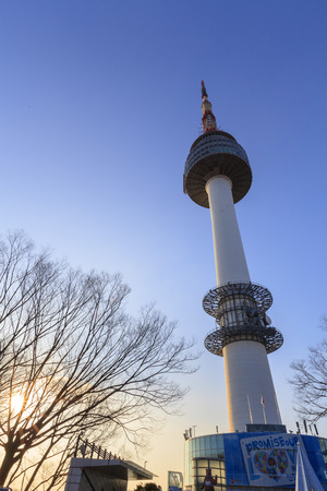 SEOUL, SOUTH KOREA - DEC 18, 2012: N Seoul Tower against morning blue sky in Seoul, Korea. Built in 1969,since then, the tower has been landmark and marks the highest point in Seoul.のeditorial素材