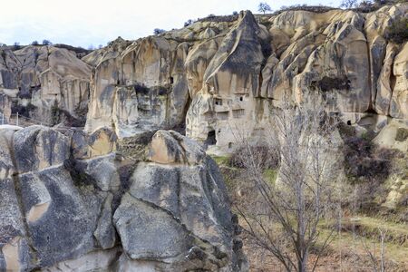GOREME, TURKEY -JAN 30, 2013: Geological rock formations of volcanic tuff with cave dwelling in Goreme Open Air Museum, a UNESCO World Heritage Site since 1985 in Cappadocia, Central Anatolia, Turkey.のeditorial素材