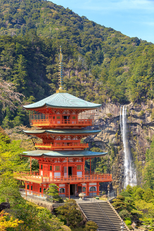 The Three-storey pagoda of the Seigantoji temple and Nachi waterfall in Nachikatsura, Wakayama Prefecture, Japanのeditorial素材