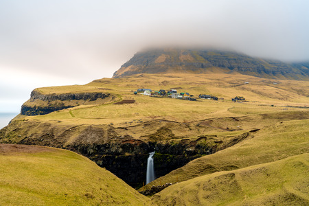 Mulafossur waterfall in Gasadalur, Vagar Island of the Faroe Islands.の写真素材