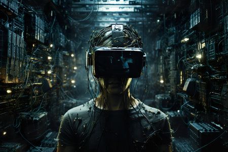 This concept and literature depict a virtual world defined by technology and connectivity, with a strong focus on cyber ethics. It often portrays a serious and realistic dystopian environment, controlled by powerful entities, raising questions about technology ethicsの素材