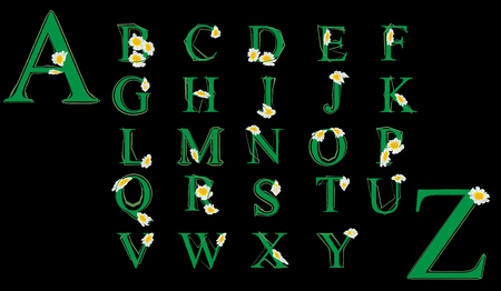 Alphabet A-Z in green color with cute flowersのイラスト素材