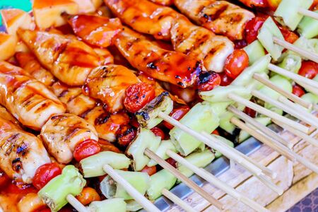 delicious barbecue skewers close-up の写真素材