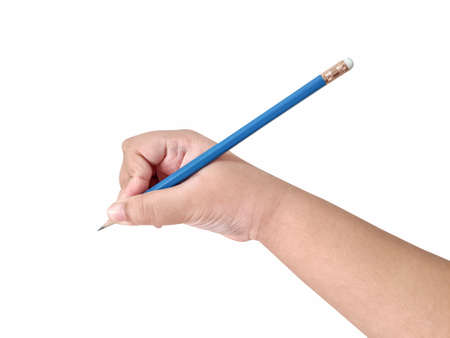 Hand boy writing pencil on isolated white backgroundの写真素材