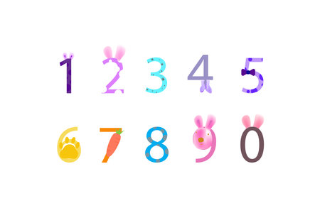 Rabbit numbers for design invitations, greeting cards, stickers, banners, logos, icons, posters, bright cute numbers from 0 to 9.のイラスト素材