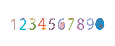 Dinosaur numbers for designing greeting card party invitations, stickers, banners, logos, icons, posters. Bright cute numbers from 0 to 9.のイラスト素材