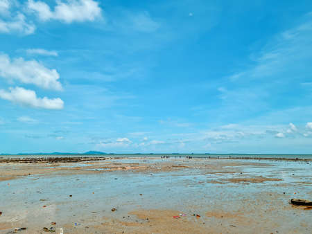 The sky is bright on a sunny day. And the sea at low tide, people come out to find shellfish for...