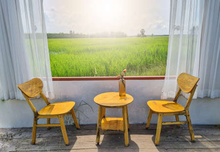 The open windows let the sunlight into the room where tables and chairs with vases of flowers were placed.の写真素材