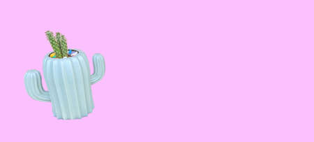 cute little cactus in white pot on isolated pink backgroundの写真素材