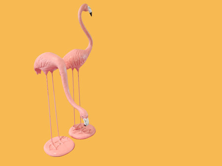 pink flamingo isolated on summer orange backgroundの写真素材